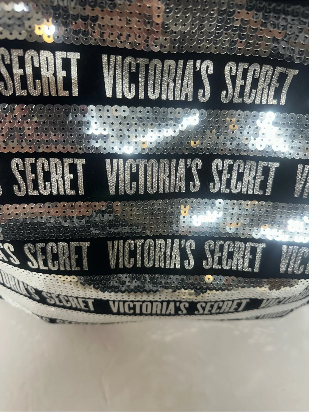 Victoria's Secret Black & Silver Sequin Logo Tote Bag and pouch Set